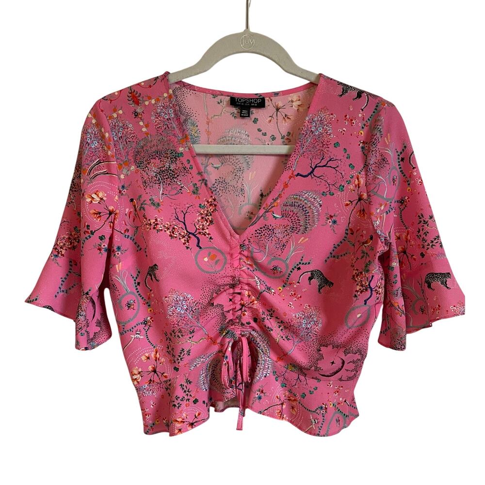 Topshop Ruby Magical Leopard Ruched Blouse Crop Top Size 6 Pink Bell Sleeves
